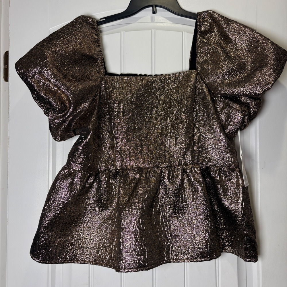 LC Lauren Conrad Peplum Top Womens XL Bronze Metallic Puff Sleeve Smocked Back